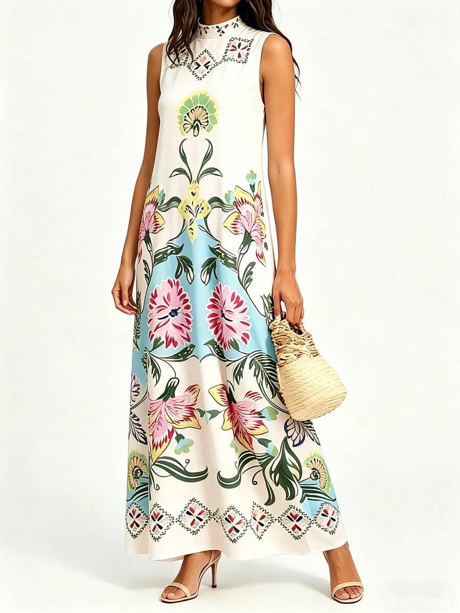Abito lungo senza maniche con stampa, elegante per uso quotidiano e vacanze estive bianco - Bianco - Visualizzare 1