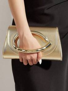 Luxury Flap Evening Bag For Women Solid Color Shoulder Bag Pu Leather Handbag Detachable Strap Chain Bag For Gift Party Wedding Cruise Essential - Gold - View 3