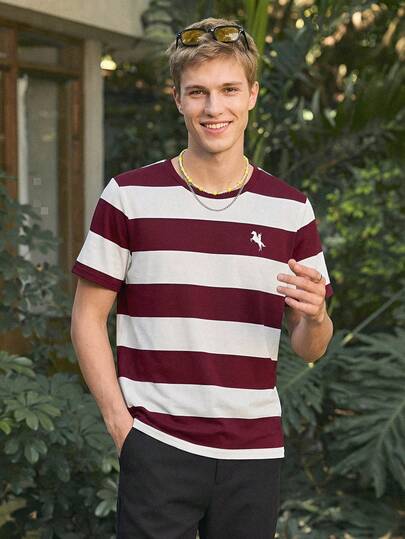 Open Phase 男士休闲撞色条纹短袖T恤，夏季，复古美式，男女皆宜，宽松版型夏季服装——适合日常穿着和夏季度假穿着。