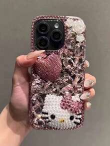 SANRIO 新款奢华手工镶钻Hello Kitty 3D爱心轻薄优雅手机壳，兼容 17、17 Pro、17 PM、16、16 Pro、16 PM、15、15 Pro、15 PM、14 Pro Max、14 Pro、14、13 Pro Max、13 Pro、12 Pro Max、12 Pro、11、11 Pro Max、SE，防震时尚 - 粉色 - 查看 3