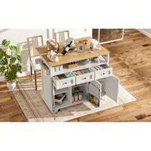 Modern Kitchen Island Table (118*43*98 Cm) Kitchen Cabinet / Dining Table, Wood Grain Design With Casters, Multifunctional Storage Space, Removable Partition With Towel Rack, White - White - View 5