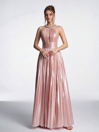 Robe de soirée fendue élégante avec cristaux et dos nu pour femmes Anymoon