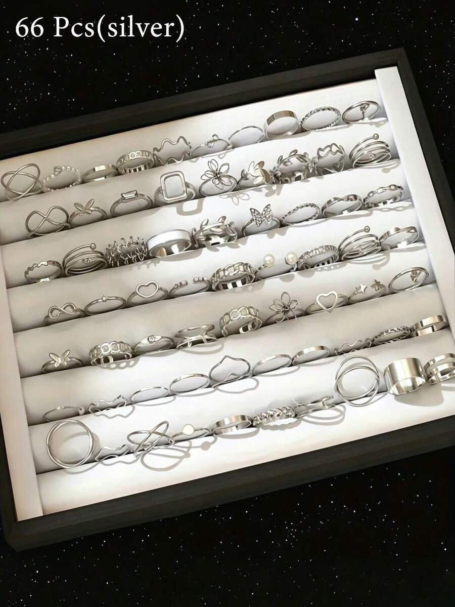 45/22pcs Fashion Butterfly Heart Flower Faux Pearl Rhinestone Metal Thin Ring Set For Women Daily Wear (Random Shipment) - Silver - View 1