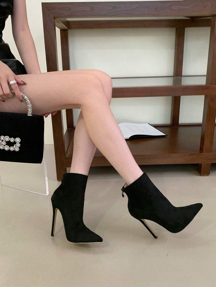 Fall/Winter 2024 Pointed Toe Suede Ankle Boots, 12cm High Heels, Flat Mouth Versatile Zipper Boots,Boots For Women - Black - View 8