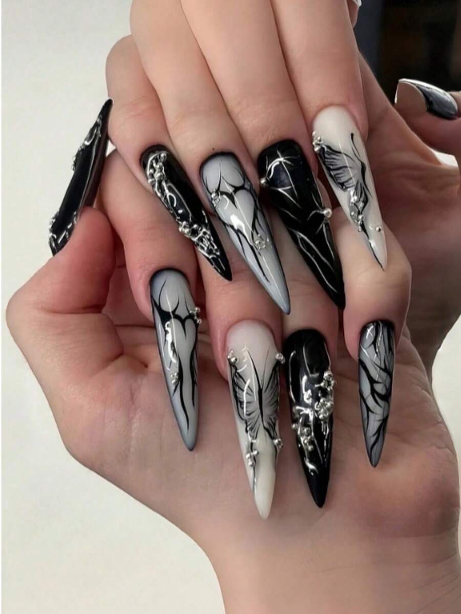 24pcs Retro Silver Teardrop Pattern Black Butterfly Handmade Nail Stickers, Suitable For Travel, Party, Daily Wear, Festivals, Versatile Pointed Nail Art - Black - View 1