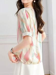 Fashionable Printed Chiffon Blouse, Round Neck Puff Sleeve Loose Style, Breathable And Versatile Summer Wear For Women Vacation - Multicolor - View 2