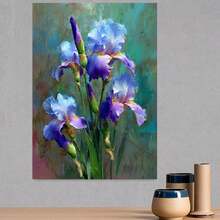 Cuadro plano 2D, 2D plano, Una vibrante pintura en lienzo 2D de una flor de iris, con delicados pinceladas que realzan su elegante forma contra un fondo de ensueño. Esta obra de arte sin marco es adecuada para dormitorios, salas de estar y decoración de paredes de oficinas - Enmarcado - Ver 3