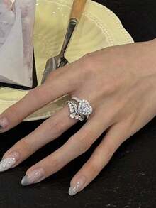 5件套时尚奢华简约几何心形立方氧化锆可调节戒指套装，适合约会、婚礼、派对、新娘佩戴（不含礼盒） - 銀色 - 查看 6