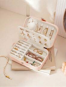 1pc Large Capacity Jewelry Storage Box, Portable Jewelry Organizer, Double-Layer PU Leather Jewelry Box, Suitable For Rings, Necklaces, Earrings, Watches, Lipsticks Etc., Bedroom Accessory, Ideal Gift For Girls - Multicolor - View 5
