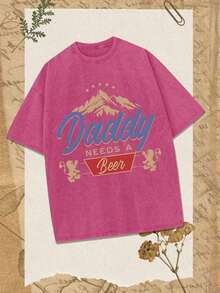 GLEC Dad Needs A Beer! This Retro Streetwear T-Shirt Features A Classic, Popular "Mountain Lion" Letter Print, Made From 230g Washed Cotton. It's A Versatile Retro Street Style, - 玫紅色 - 查看 1