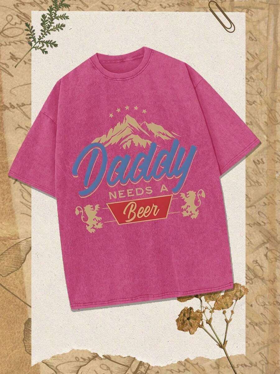 GLEC Dad Needs A Beer! This Retro Streetwear T-Shirt Features A Classic, Popular "Mountain Lion" Letter Print, Made From 230g Washed Cotton. It's A Versatile Retro Street Style, - 玫紅色 - 查看 1