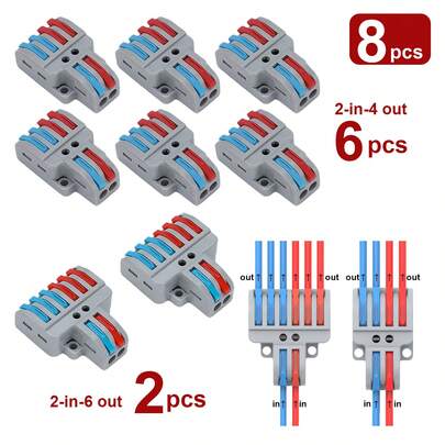 8pcs Lever-Type Wire Connector Kit, 2-In-4 Out + 2-In-6 Out Quick Wire Push-In Terminal Blocks