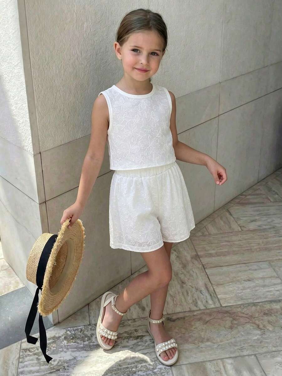 两件套女童针织提花无袖上衣和松紧腰短裤套装，休闲夏季装扮 - 白色 - 查看 1