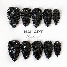 Y2K 奢華黑色全水晶 24mm 杏仁形手工美甲貼片，手工 3D 全覆蓋水晶設計，閃亮耀眼，奢華水晶裝飾，優雅百搭時尚創意，適合婚禮、派對、戶外、海灘、日常、假期、聚會、工作及特殊場合，10片/包 手工穿戴式美甲 - 黑色 - 查看 14