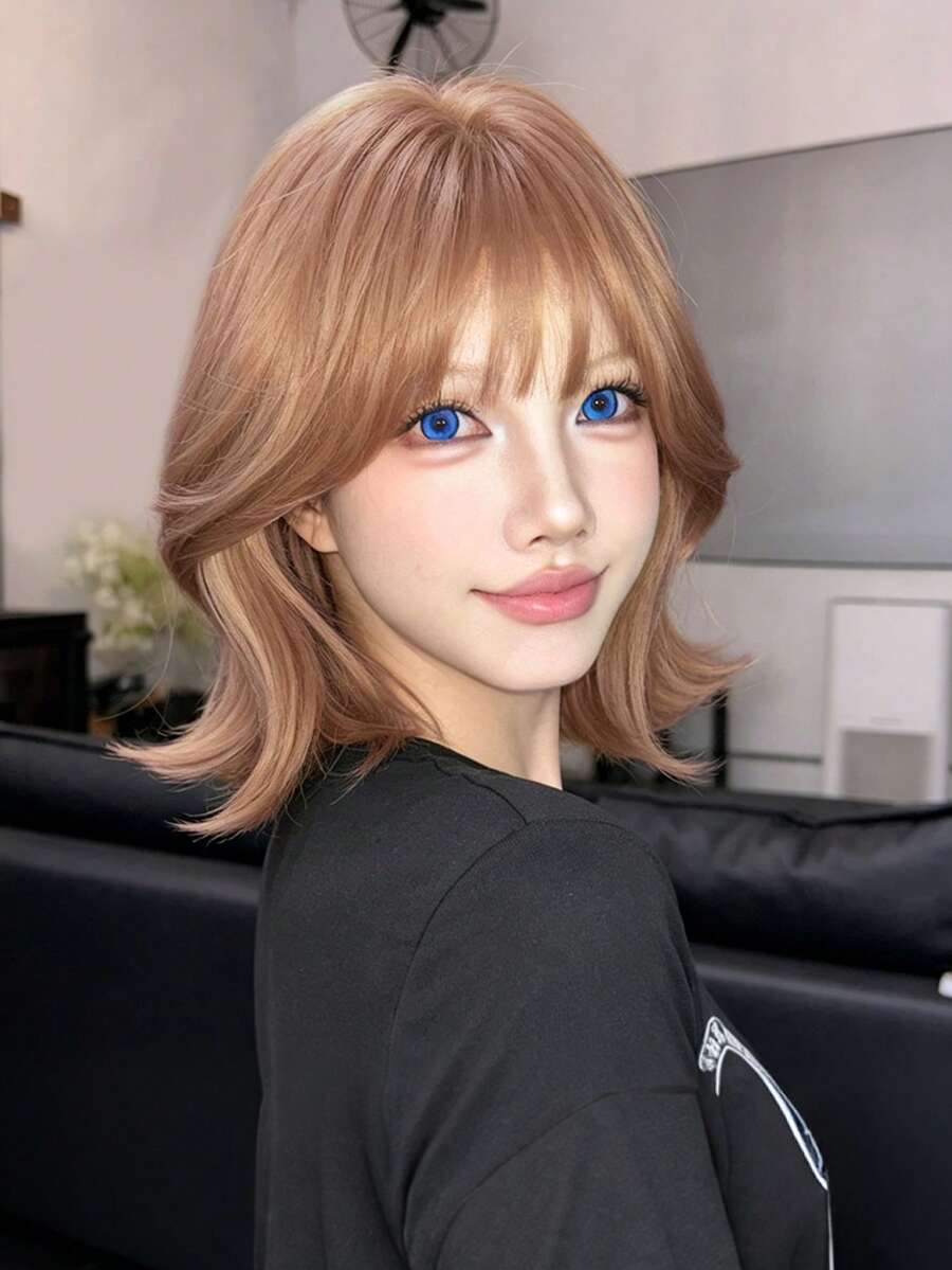 alicegarden 12-Inch Long Synthetic Short Bob Wig Featuring A Natural Curly Hair Look A A Stunning Linen-Brown. Designed With Bangs , This False Hairpiece Is Perfect For Ms Daily Party Cosplay Use, Offering A Natural And Natural Durable Wig Gift For Ladies., Halloween - Brown - View 1