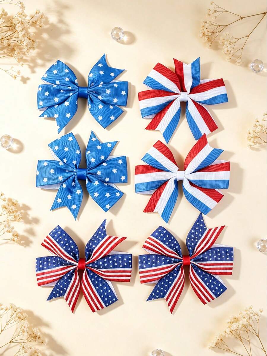 2/6个美国元素六角蝴蝶结发夹，独立日礼物之选 - 彩色 - 查看 1