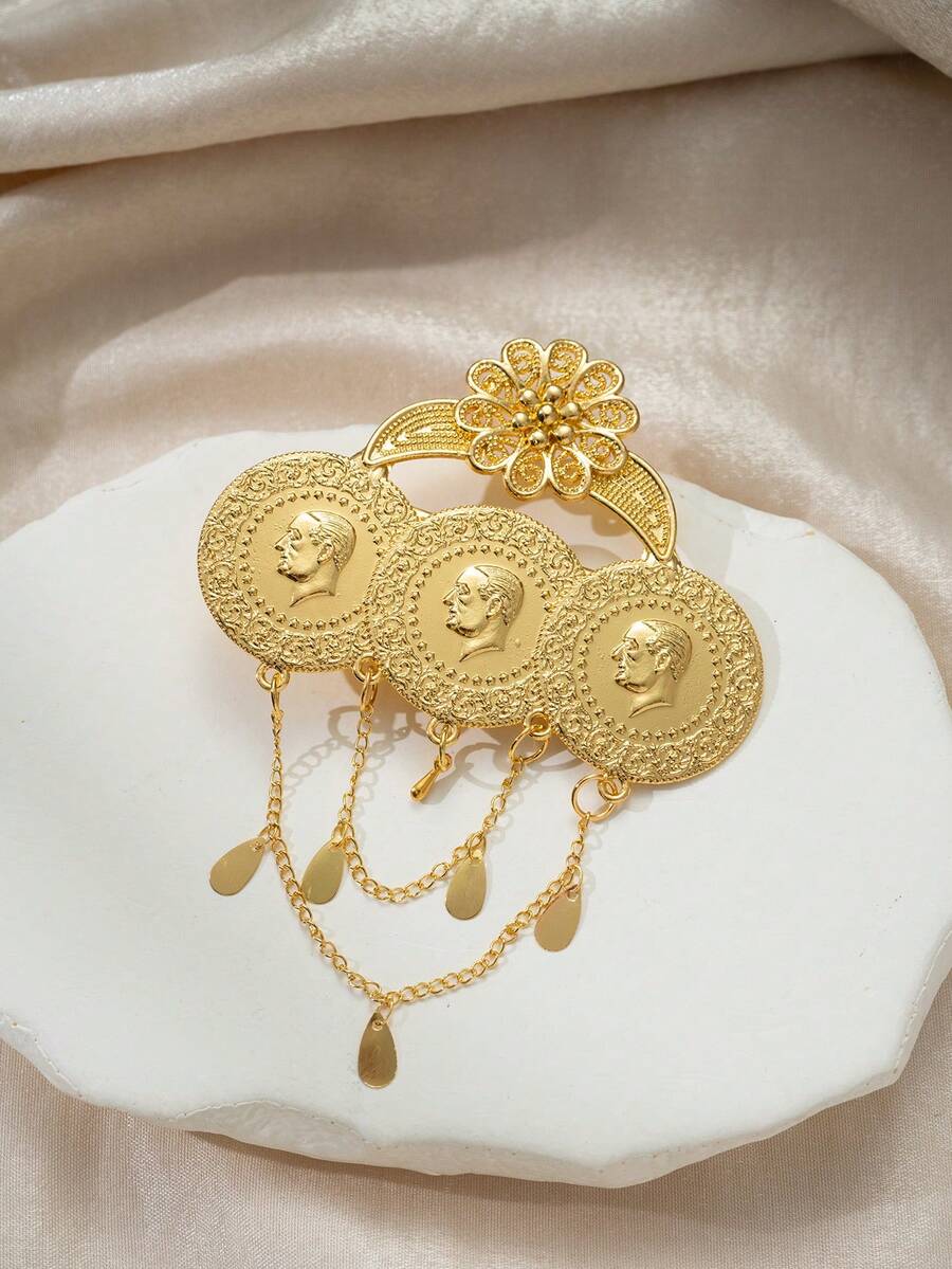 Herseygold 1件镀金奥斯曼硬币发饰，库尔德女性发夹，阿拉伯新娘头饰，婚礼及节日女性发饰 - 金色 - 查看 1