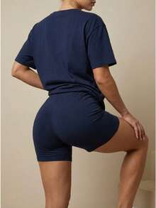 Cherry print ribbed women's sports suit top+shorts stretch breathable fitness/yoga/running scene suitable for young/mature women - Azul marino - Ver 3