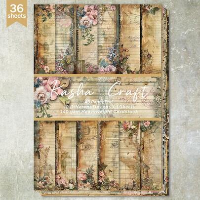 36 Sheets A5 Vintage Distressed Paper, Suitable For Bullet Journals, Scrapbooking, Cards And Crafts