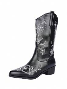 Giày bốt cao bồi nữ, phong cách Bohemian, kiểu dáng mới, cổ điển, phương Tây, thêu họa tiết, mũi nhọn, gót vuông, dễ xỏ, cao đến giữa bắp chân. - màu đen - Xem 8