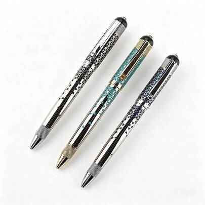 可伸缩金属圆珠笔，书写流畅，办公文具，独特几何图案，商务礼品理想之选