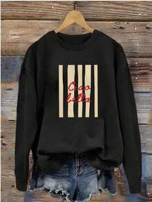 Women's Round Neck Sweatshirt, Sweet And Fresh Knitted Sweatshirt With Graphic Print, Long Sleeve - Black - View 4