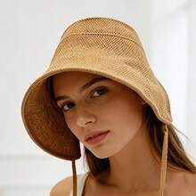 Mũ câu cá dệt từ cỏ, thoáng khí, chắn gió và chống nắng, thích hợp cho mùa hè ở bờ biển, vành rộng có thể điều chỉnh, giúp khuôn mặt trông nhỏ hơn, mũ chống nắng dệt từ cỏ và cotton và lanh. - A - Xem 4