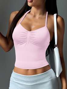 Aoqta Sports 女士夏季休闲纯色无袖露背运动上衣，带胸垫，简约百搭设计，适合瑜伽、跑步、健身、日常穿着 - 粉色 - 查看 9