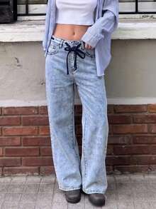 Jeans casuales de mujer con cintura elástica y cordón ajustable - Azul claro - Ver 3