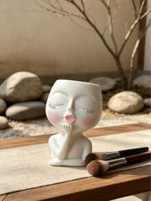 1pc Makeup Brush Holder, Cute Girl Design Pen Holder, Multi-Functional Plastic Vase Style Makeup Brush Storage Box, Suitable For Living Room And Office Desk - A - View 6