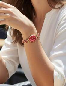 Women's Watches, Mini Models, With Rhinestones, Luxury Fashion, Ideal For Parties And Graduations - Dorado/Rojo - Ver 2