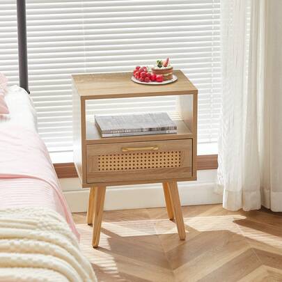 Rattan Side Table With Drawer And Solid Wood Legs, Modern Bedside Table, Side Table For Living Room, Bedroom, Natural Wood Look - H 55/W 40/D 30 Cm