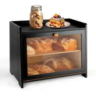 Bamboo Double Layer Bread Box Large Capacity Farmhouse Style Acrylic Window Kitchen Countertop Storage Container For Cabinet Pantry Cupboard Organizer