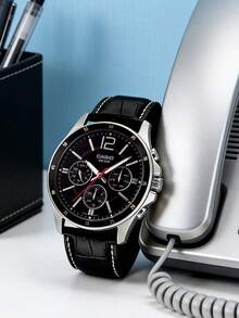 Casio 高品质男士石英表，经典指针显示，多功能计时，耐用矿物玻璃镜片，防刮擦，50米防水，真皮表带，商务休闲男士腕表 - 卡西欧 MTP-1374L-1A - 黑色 - 查看 6