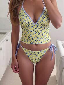Conjunto de bikini de dos piezas con parte delantera anudada y espalda descubierta, estampado floral y de cuadros, reversible, para mujer "Lucky Girl", ideal para playa, vacaciones y verano - azul y amarillo - Ver 2