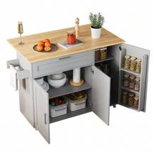 Large Mobile Kitchen Table (W 132.5 X L 44 (70) X H 90 Cm), Folding Countertop, Oak Finish, Multifunctional Cabinet, Clothes Rack, Towel Rack, 5 Casters, Ideal For Kitchen/Dining Room/Home - Grey - View 5