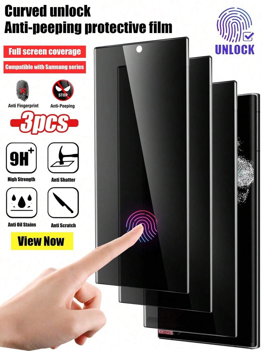 Navigator 3片装曲面解锁防窥钢化玻璃屏幕保护膜，防刮花，防摔，适用于三星Galaxy Note8/9/10/20/S8/S9/S10/S20/S21/S22/S23/S24/S25 Ultra/Galaxy S25 Edge/S26/S26 Plus/S26 Ultra全系列，易于安装，防指纹，隐私保护膜，适合生日/复活节/圣诞节/送给家人/朋友。
