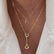 1pc Women's Retro Minimalist Double-Layer Heart Pendant Necklace - Gold - View 1