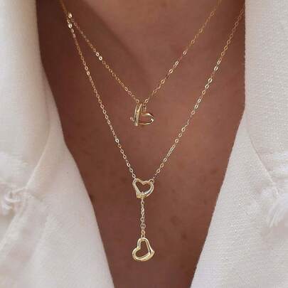 1pc Women's Retro Minimalist Double-Layer Heart Pendant Necklace
