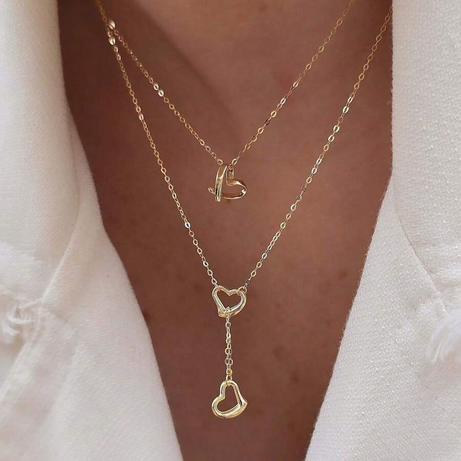 1pc Women's Retro Minimalist Double-Layer Heart Pendant Necklace - Gold - View 1