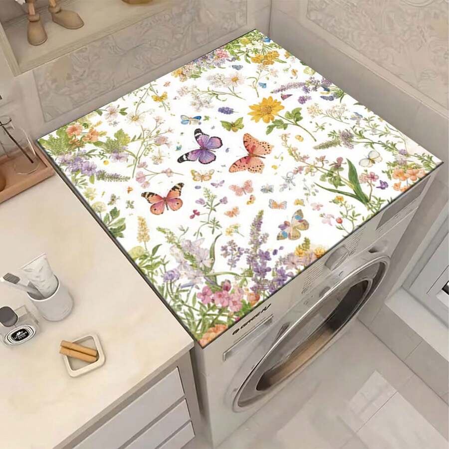 1pc Watercolor Floral Pattern Non-Slip Washing Machine Mat, Suitable For Washing Machine, Dryer, Kitchen Drain Drying Mat, Rubber Material, Decorative Appliance Cover For Washing Machine And Dryer Top, Home Kitchen, Table Decor, Dirt-Resistant And Washable, Friendly Gift For Friends - Lavender's Old Times - View 1
