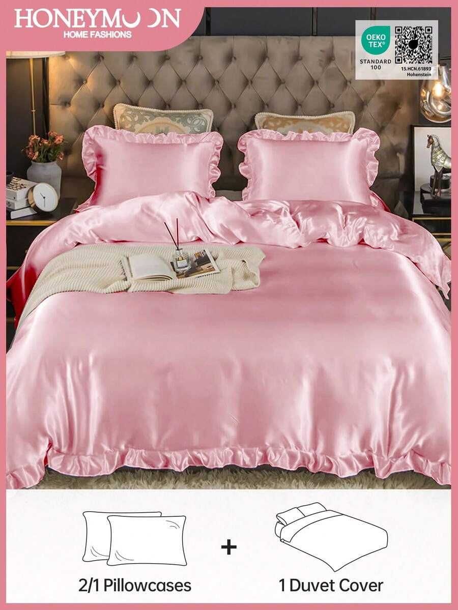 2/3pcs Satin Ruffled Duvet Cover Set, Ruffled Tassel Duvet Cover Set, Solid Retro Luxury Farmhouse Style Bedding Set, 3pcs Boho Ruffled Tie Duvet Cover Set (Comforter Not Included). Perfectly Fits Twin, Full, Queen, King Size Beds. Suitable For Home Bedding, Dorm Supplies And Christmas Decor. - Pink - View 1