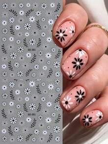 Frühling/Sommer Gänseblümchen gepresste Blumen Nagelaufkleber, französische Blumen Nagelkunst Dekoration, schwarz-weiße Blütenblätter selbstklebende Dekorationen, geeignet für elegantes Nageldesign - Verschiedenfarbig - Übersicht 2
