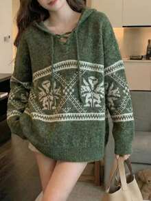Striped Rope Knit Hooded Cardigan Chinese Style Solid Color Casual Long Sleeve Sexy Pullover, Suitable For Autumn/Winter, Y2K Style Casual Minimalist - Green - View 5