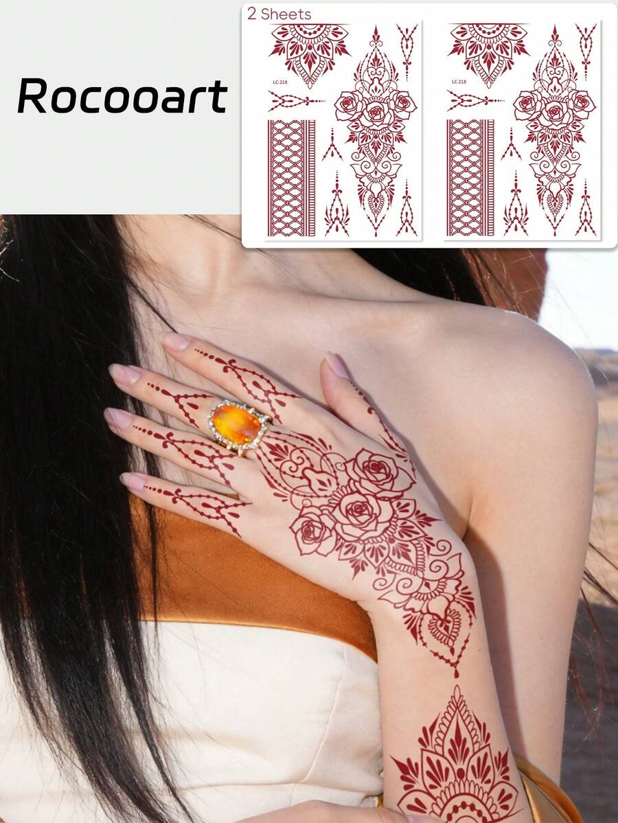 2 Folhas de Tatuagens Temporárias de Henna Vermelha, Adesivos de Mehndi Mandala de Rosas à Prova d'Água para Mãos, Pulsos e Braços, Arte Corporal Boêmia