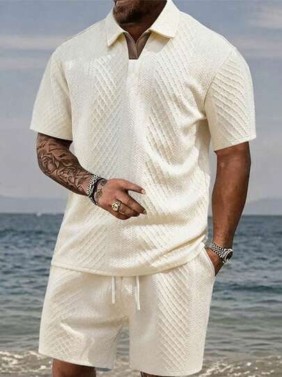 Men's Versatile Fashion Summer Vacation Outdoor Polo Shirt And Drawstring Shorts Set, Line Design