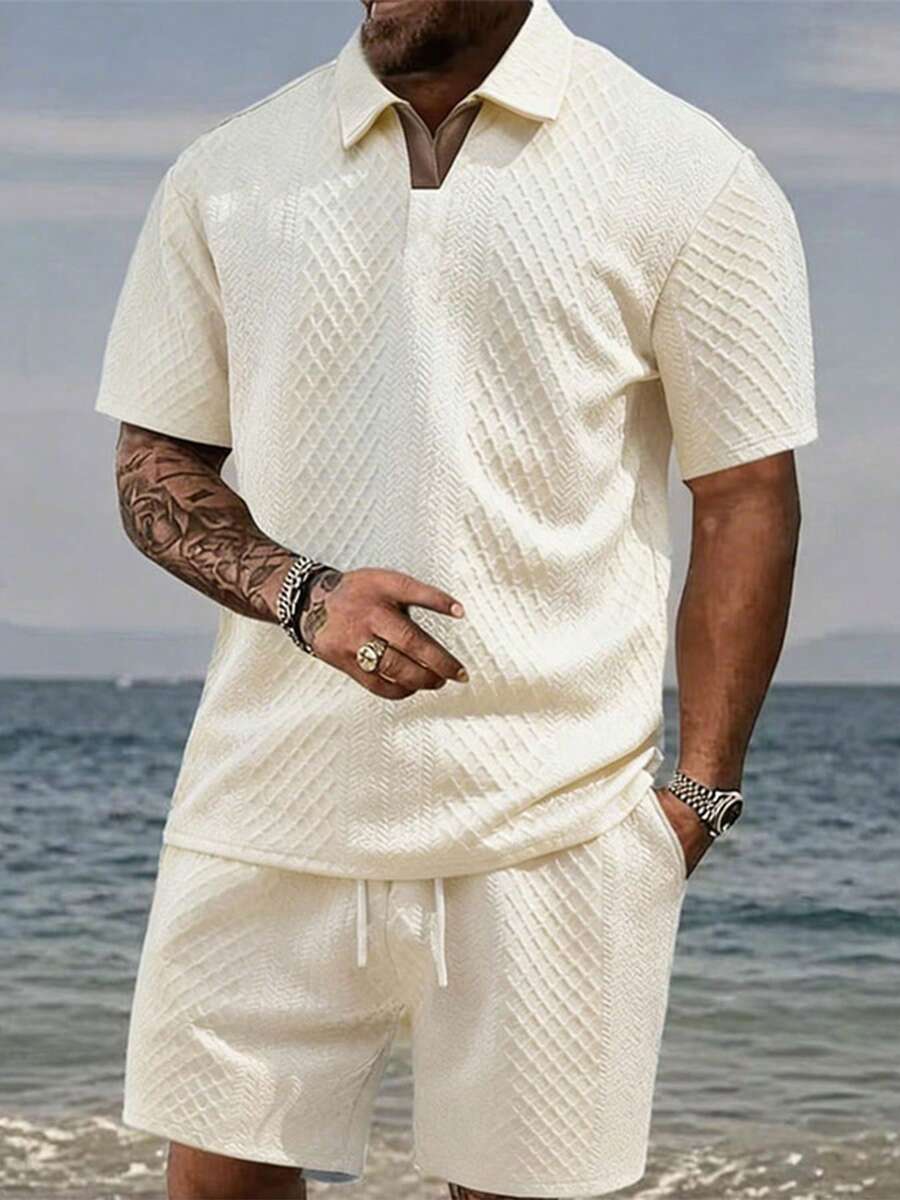 男士多功能时尚夏季度假户外Polo衫和抽绳短裤套装,线条设计运动款 - 黑色 - 查看 1