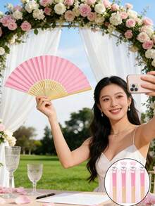 30/15/3件套木制手持折扇，配欧根纱袋和蝴蝶结，复古木制折扇，优雅中式木制折扇，适用于婚礼、新娘派对、生日和家居装饰，舞蹈和派对配饰，女士时尚礼物，婚礼派对回礼 - 粉紅色 - 查看 3
