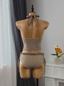 Swim Vcay Summer Women Tankinis 2 Piece Set, Coffee Plaid Print Ruffle Halter Neck Tie Top, Drawstring Side Ruched Bikini Bottom Swimsuit - Multicolor - View 2