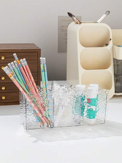 1pc/2pcs Transparent Acrylic Desktop Storage Box - Multi-Grid Pen Organizer, 3-Compartment Wavy Pattern Office Stationery Holder, Multifunctional Desktop Storage Container, Desk Organizer, Suitable For Home, Office, Study, Desktop Pen Cup, Home Decor, Home Office Supplies